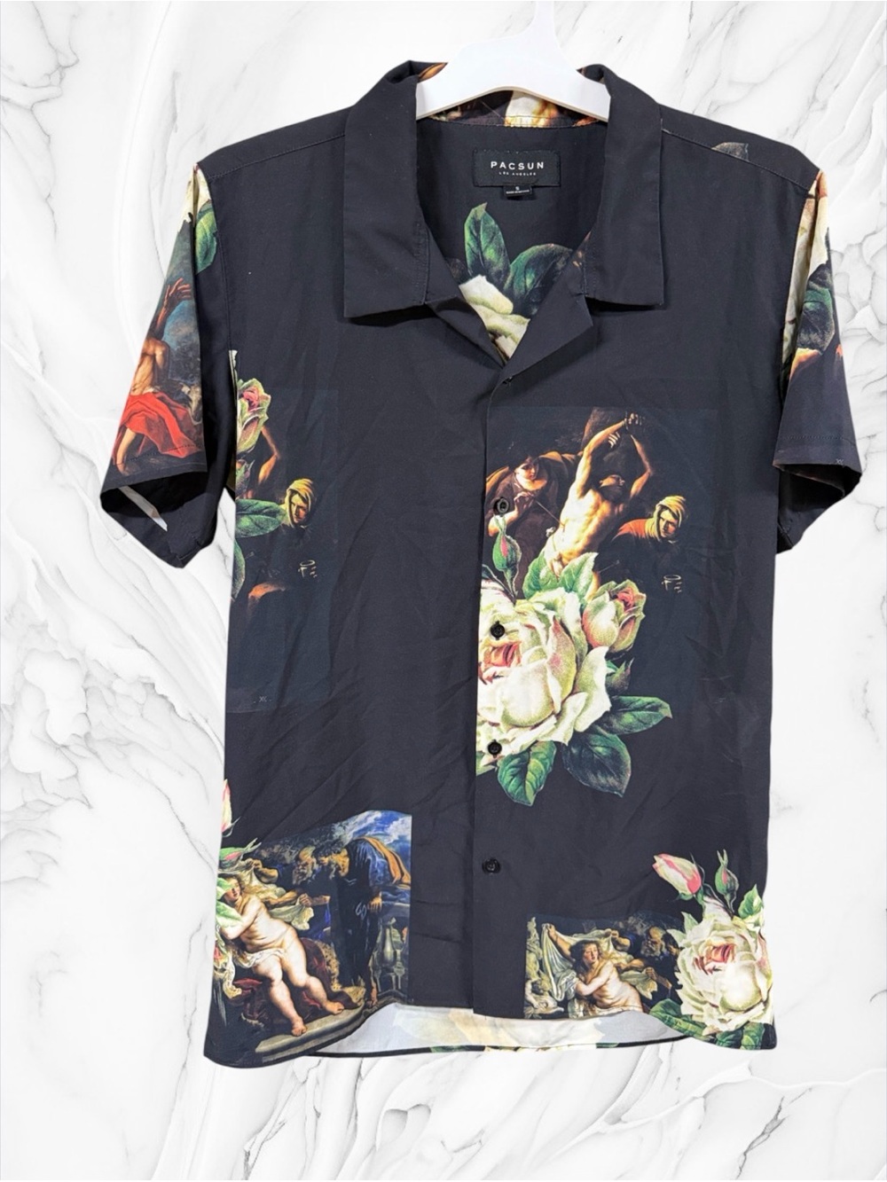 PacSun Men's Black Floral & Classical Art Short-Sleeve Button-Down Shirt